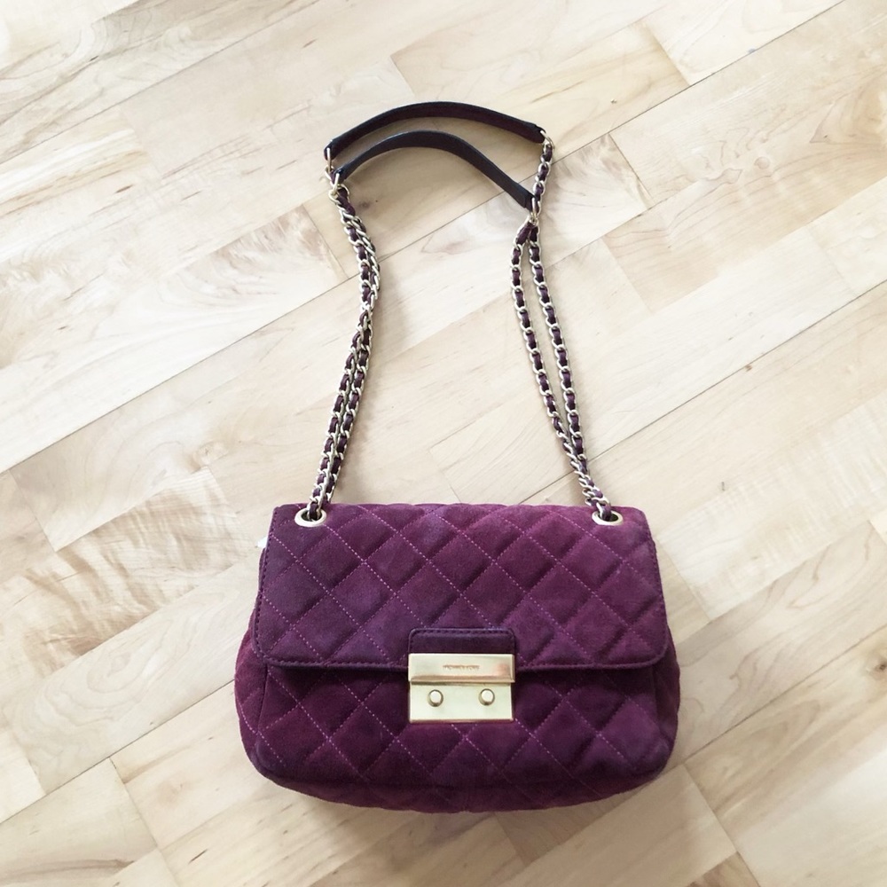 SALE MICHAEL KORS SLOAN BURGUNDY SUEDE LEATHER CHAIN QUILTED PURSE BAG CROSSBODY